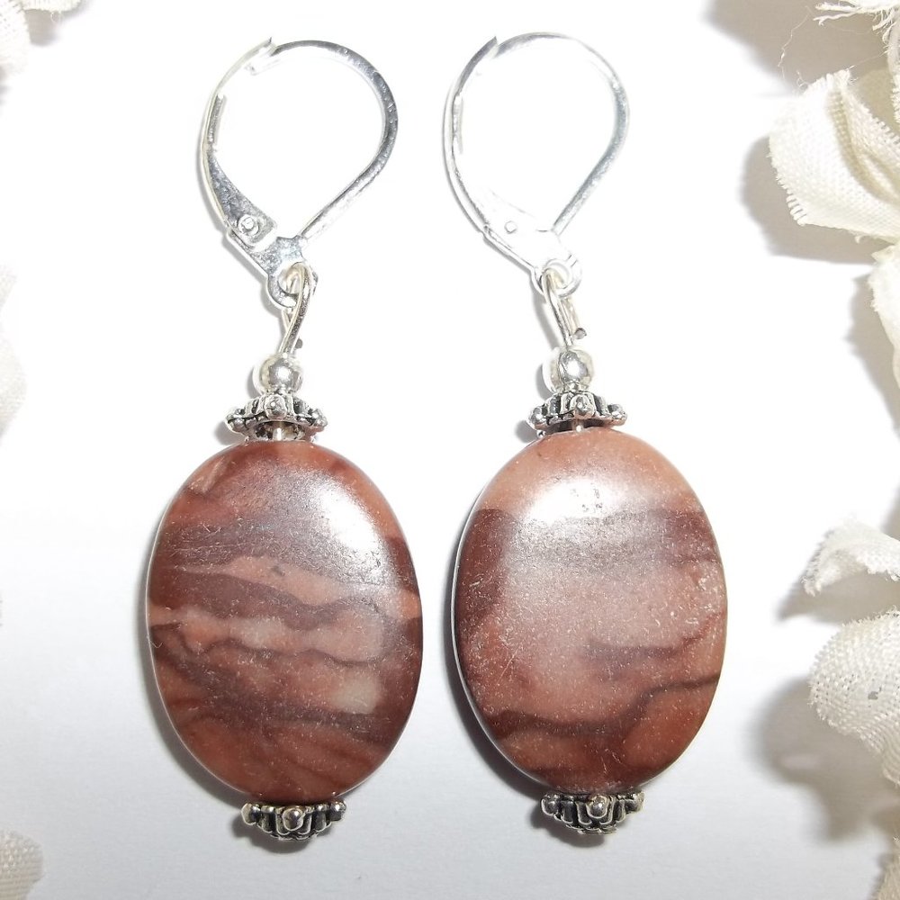 Earring Set Brown Faux Jasper Gemstone Silver Dangle Drop Lever Back Boho 6727